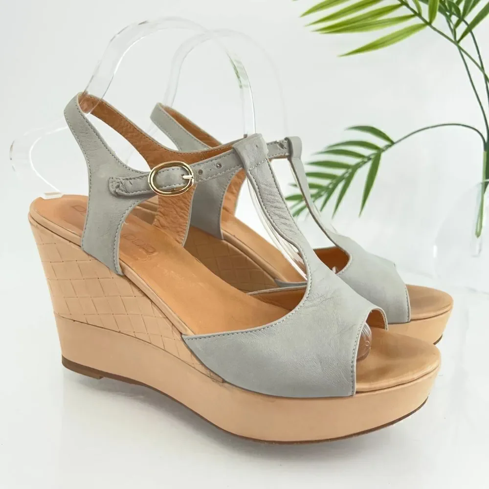 Pomme D'or Sandals Women's Size 39 8 Blue Gray Leather T-Strap Platform Wedge - Picture 2 of 16